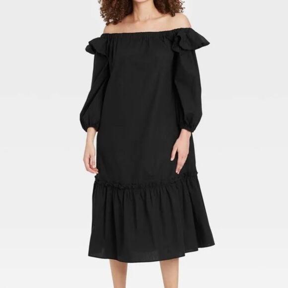 Who What Wear Dresses & Skirts - Who What Wear Balloon Long Sleeve Off Shoulder Black Midi Dress Cotton XS